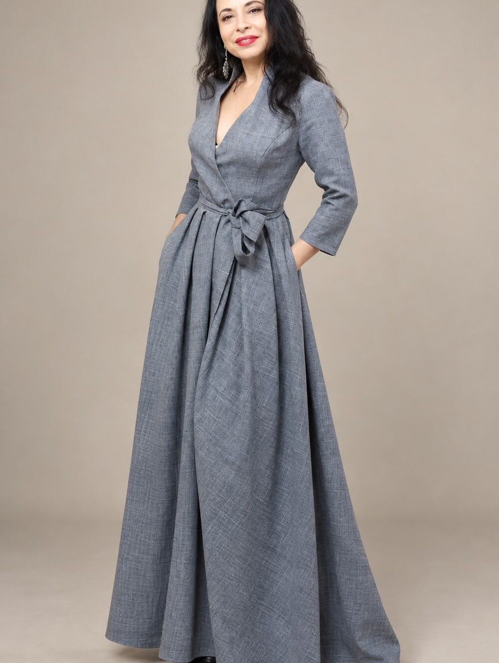 Gray Wrap Dress with Belt